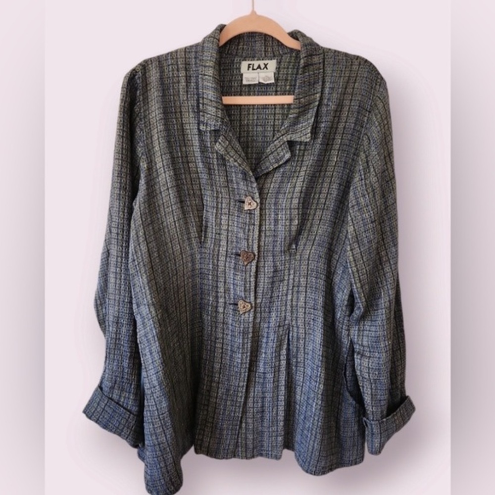 FLAX Women's Blue-Green Patterned Linen Button Front Top, Small - Picture 2 of 7